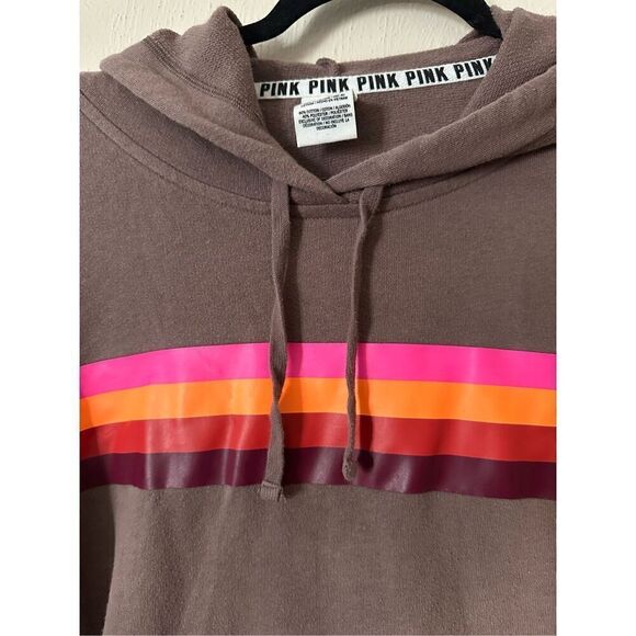 PINK Tan Hooded Sweatshirt with Pink, Orange & Red Stripes Size XS - Picture 3 of 6